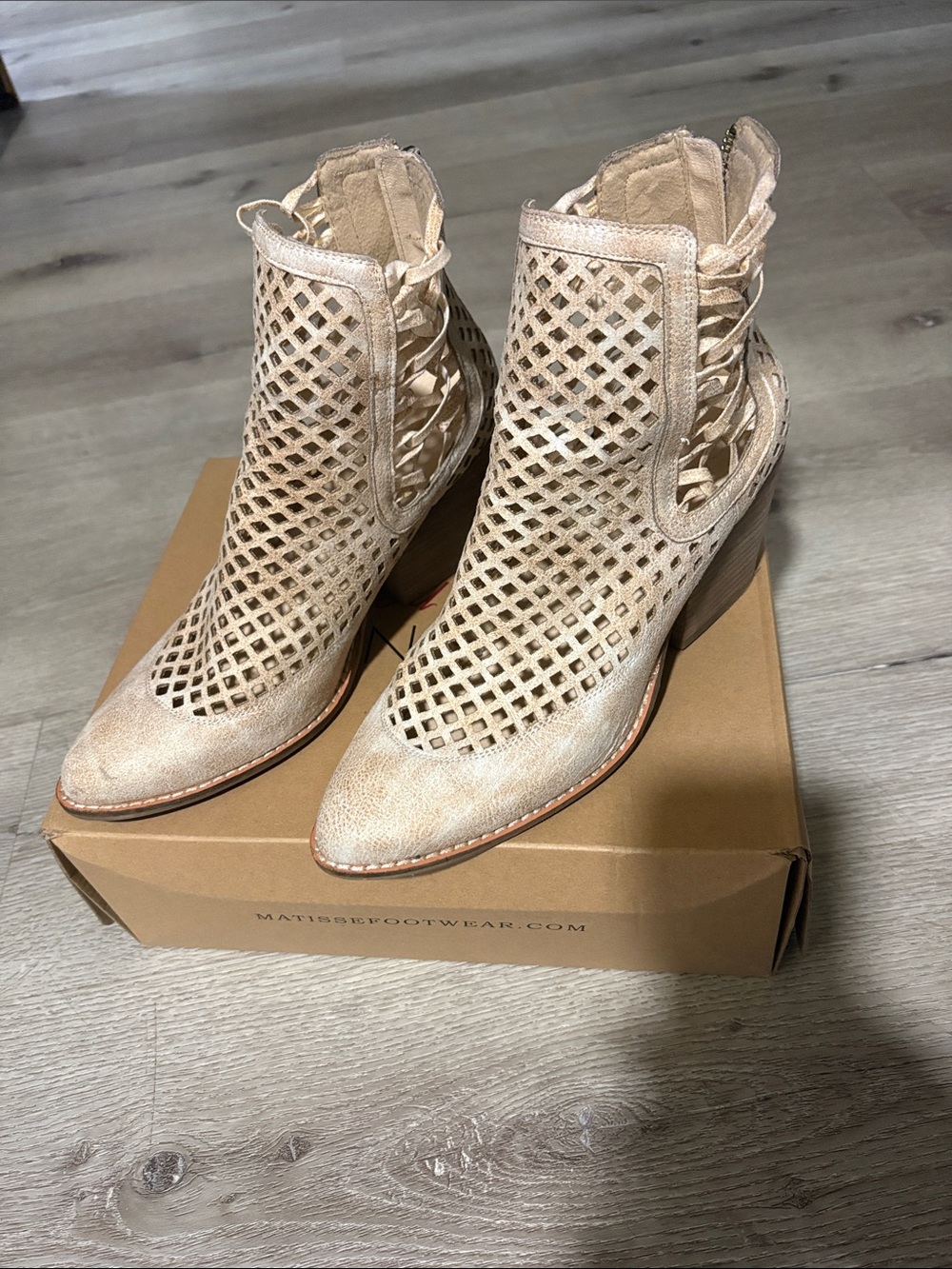 Matisse Beige Laser-Cut Lace-Up Ankle Booties